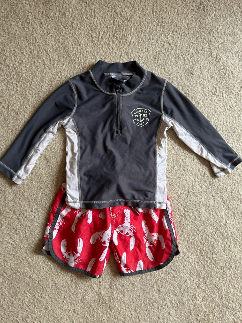 Carter's 2T Gray & White Long-Sleeve Rashguard with Red Lobster Swim Shorts